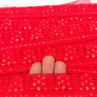 Red Net Lace Trim With Floral Embroidery And Gold Sequins, Sequinned Trim, Wedding Trim Bridal Trim